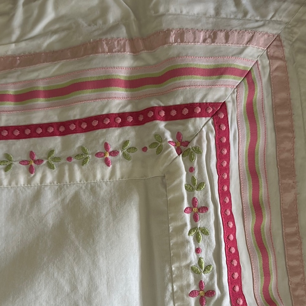 Pottery Barn Kids Pink and Green Ribbon Stripe Floral Pillow Sham - Picture 2 of 8